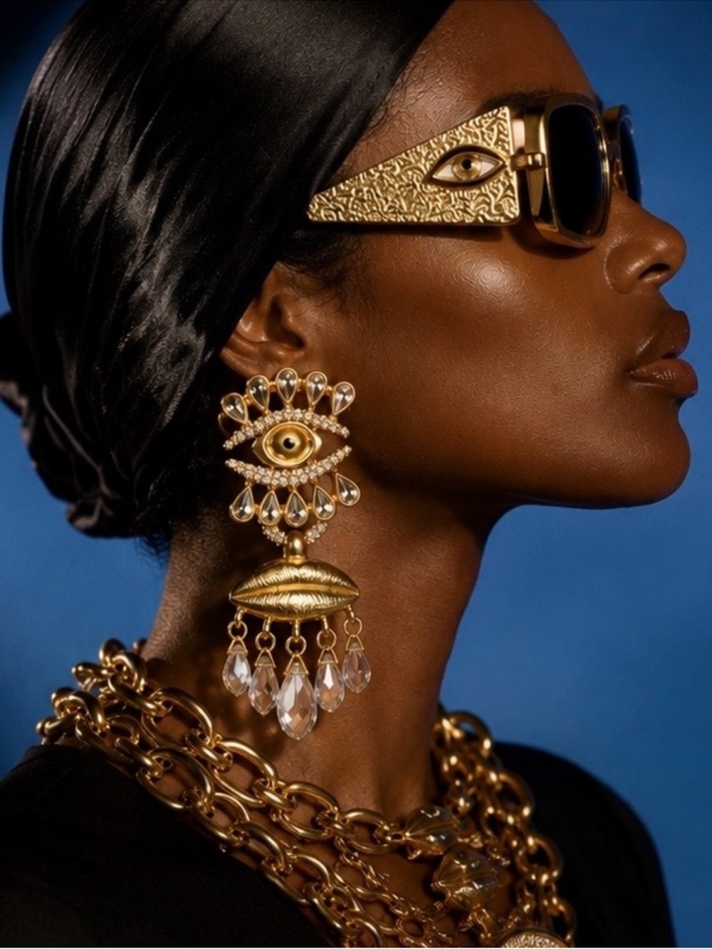Surrealist Gilded Eye Crystal Couture Earrings